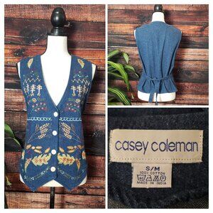 Casey Coleman Vintage Denim Vest Embroidered Botanical Button Tie Leaf